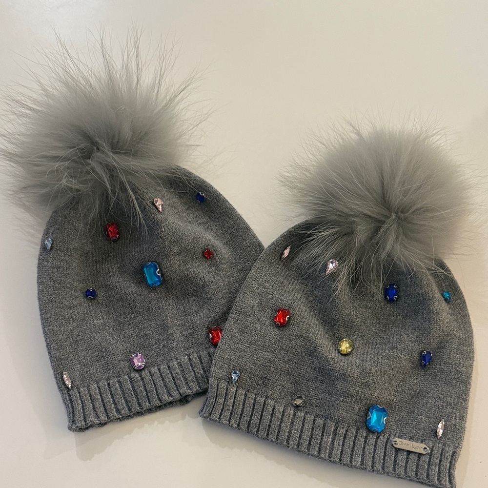 Gray Beanie with Pom Pom and Colorful Gems